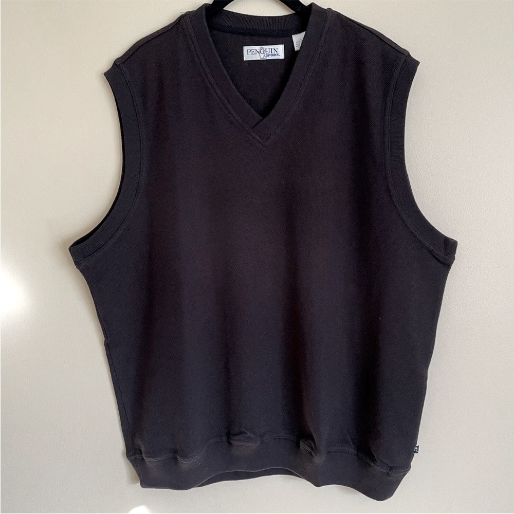 Penguin Sport Men's Pique V-Neck Sweater Vest 100% Cotton Brown Golf Size L